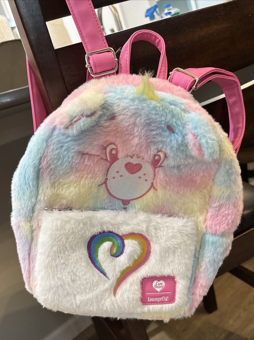 Loungefly Care Bears Togetherness Bear Pastel Rainbow Fuzzy Mini Backpack Pink